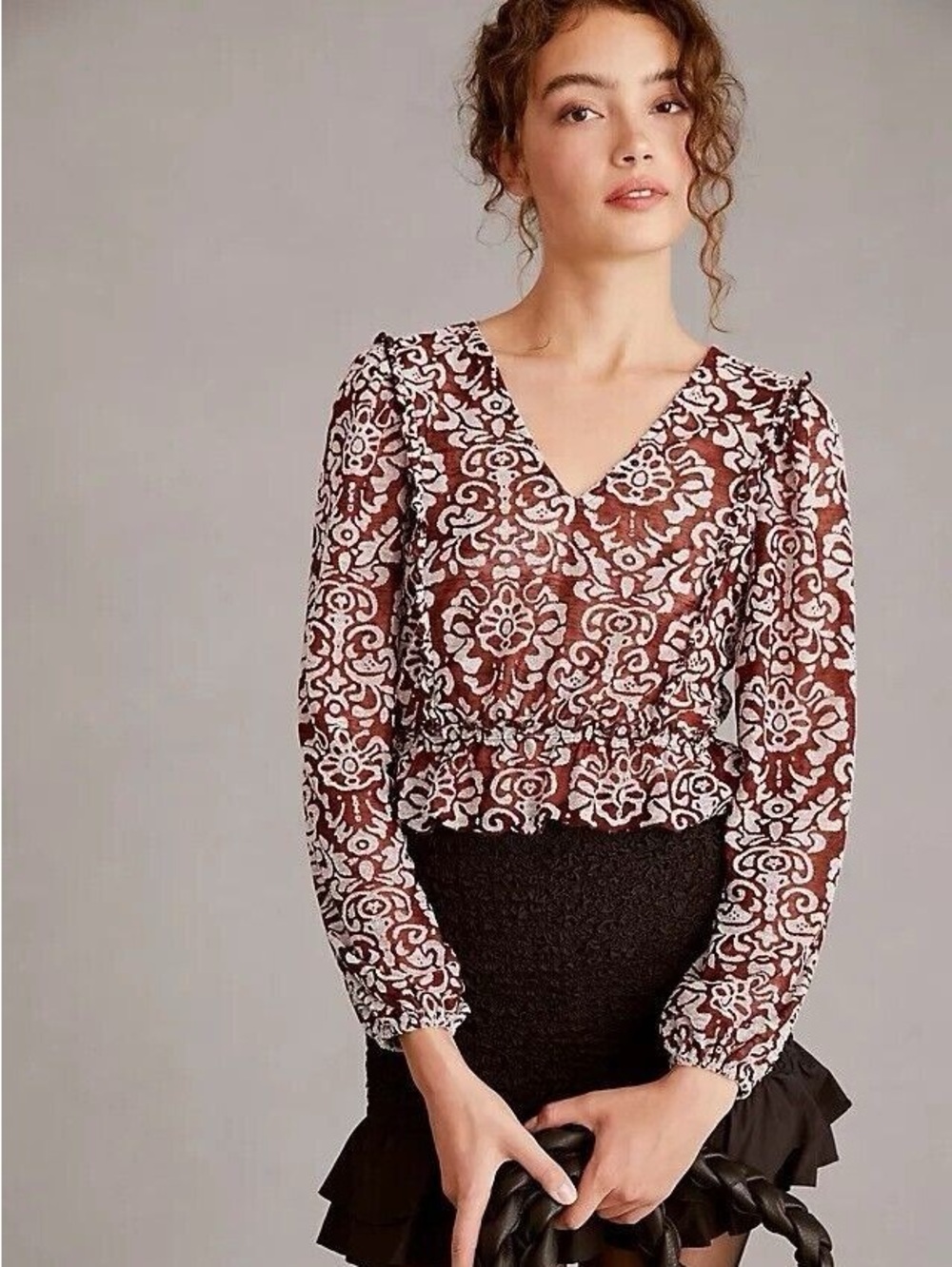 Anthropologie Jacquard Sheer V-Neck Long Sleeve Floral Peasant Blouse